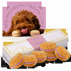 Dog Macarons - Box of 6 (Available in 12 Flavors) (Base Recipe: Oat Flour, Honey, Coconut Oil. All-Natural Raspberry Yogurt Filling)