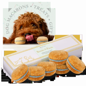 Dog Macarons - Box of 6 (Available in 12 Flavors) (Base Recipe: Oat Flour, Honey, Coconut Oil. All-Natural Birthday Cake Yogurt Filling)