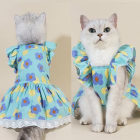 Spring And Summer Dog Clothes Cat Clothing Pet Cotton Floral Slip Dress Mesh Skirt Dress (Option: Green Flowers-S)