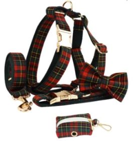 Christmas Pet Collar Plaid With Green Background Dog Rope Leash Suit (Option: Set Of Five-XL)